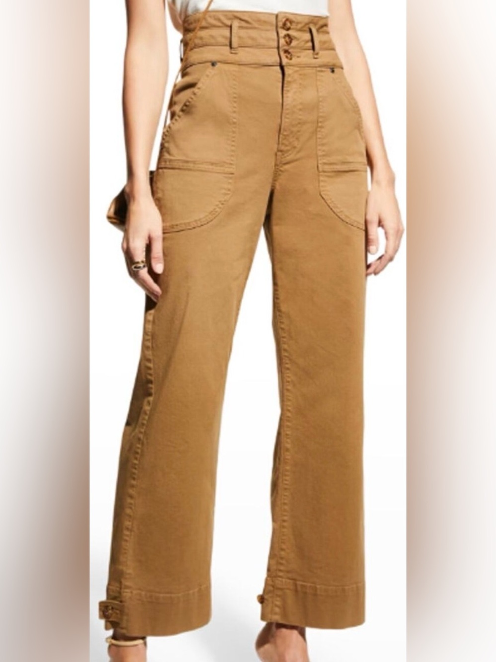 Veronica Beard Jeans Marley Ankle Tab Pants Utility Chinos Tan Wide Leg